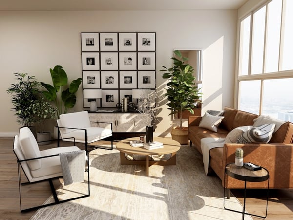 Elegant living room with statement chandelier and contemporary seating