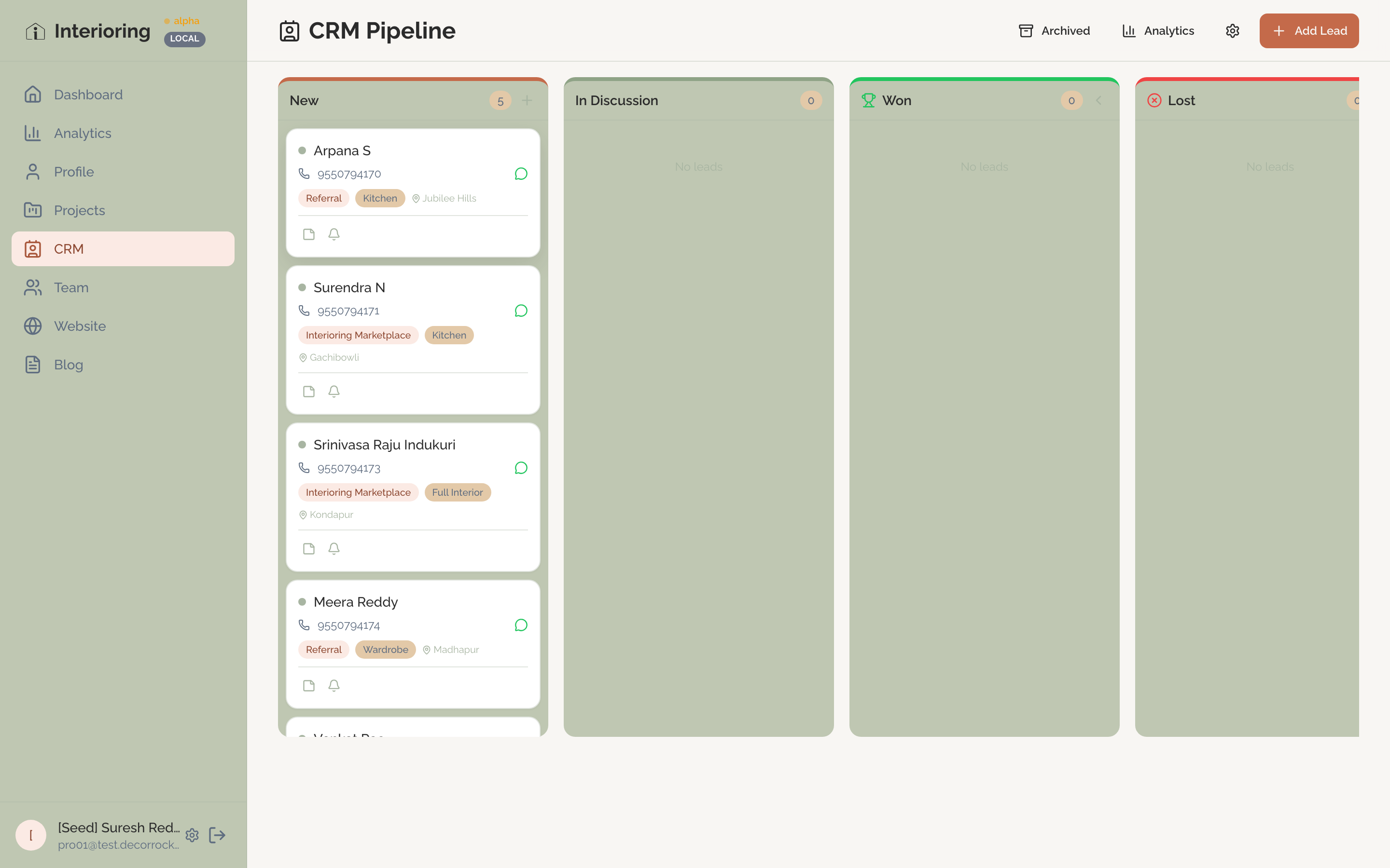 CRM pipeline showing enquiry leads with status columns: New, In Discussion, Won, Lost