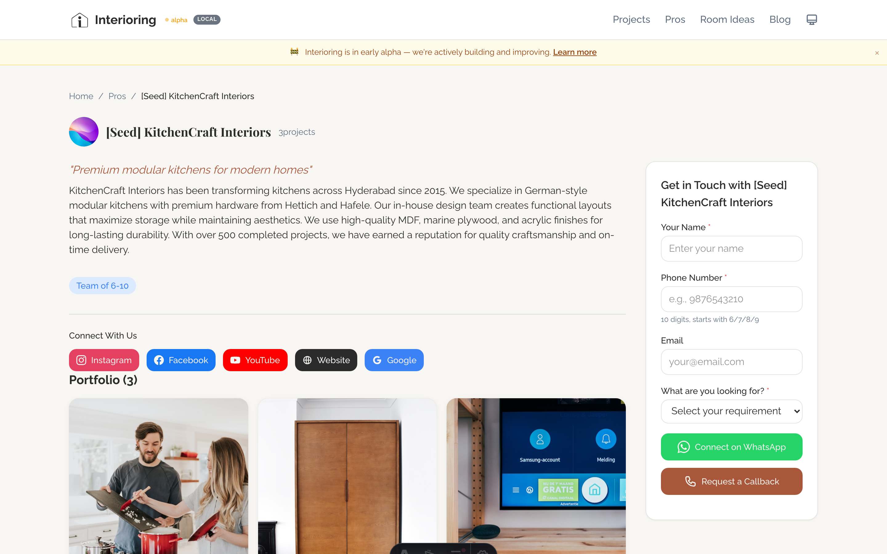 Marketplace pro profile page with business header, team section, social links, and enquiry form